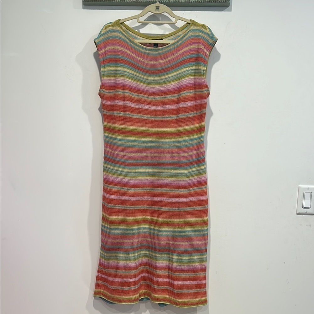Lauren Ralph Lauren coral linen silk cotton knitted midi dress sleeveless XL 14